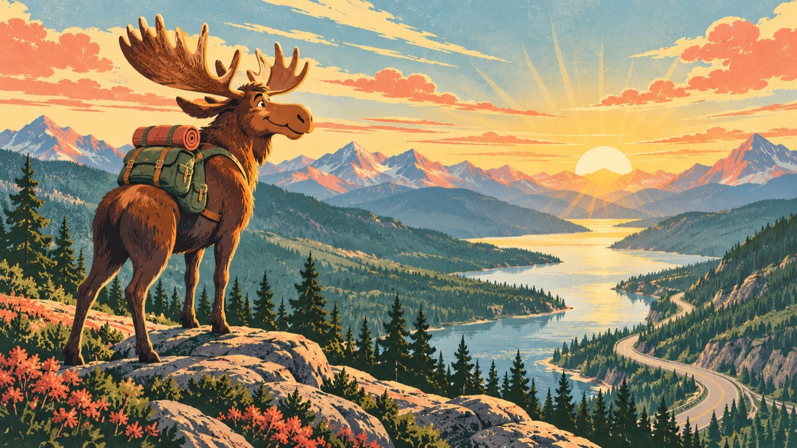 A moose with a backpack looks over a valley at sunrise